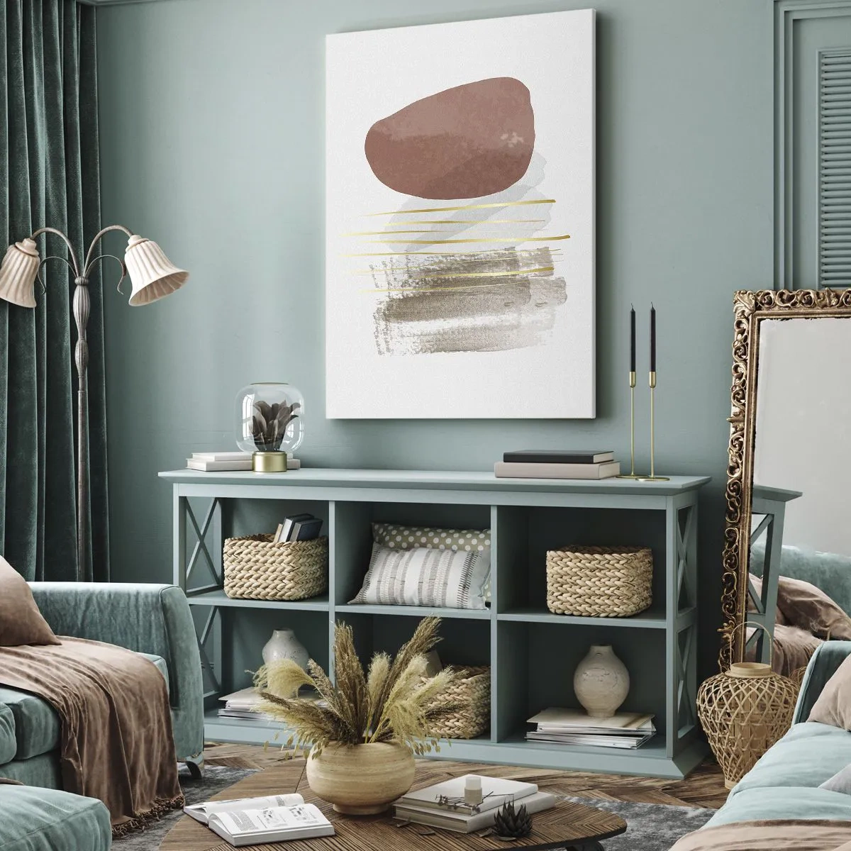 Impression sur toile - Image sur toile - Composition abstraite dans les tons beige et or - 50x70cm - Colonnade abstraite - Décoration murale moderne pour le salon et la chambre ARTTOR