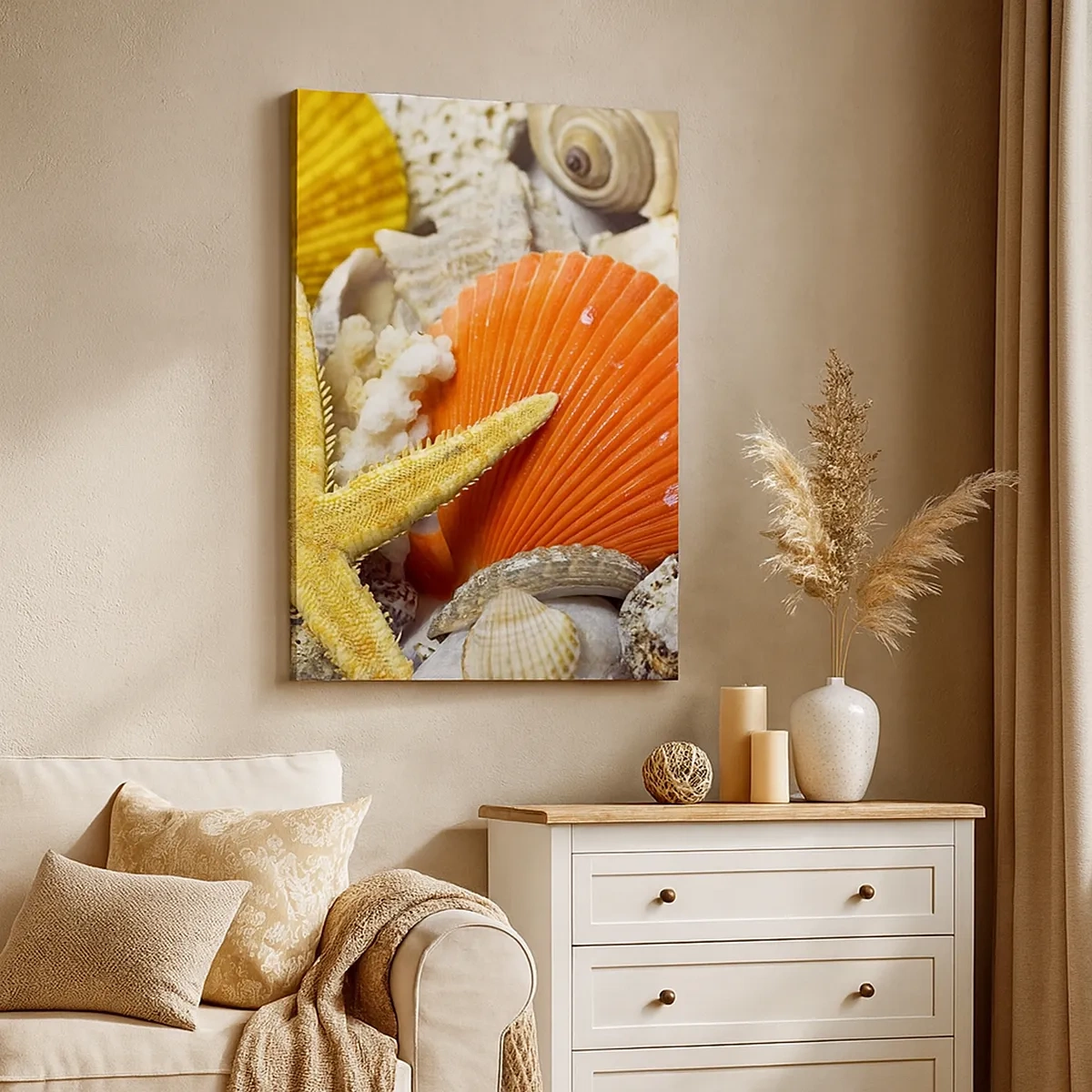 Impression sur toile - Image sur toile - Coquillages et étoiles de mer dans une composition marine - 50x70cm - Trésors de l'océan - Décoration murale moderne pour le salon et la chambre ARTTOR