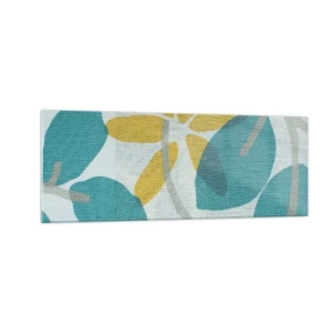 Impression sur verre - Image sur verre - Feuilles aux tons turquoise et jaune sur fond clair - 140x50cm - Wśród lazurowych liści - Décoration murale moderne pour le salon et la chambre ARTTOR