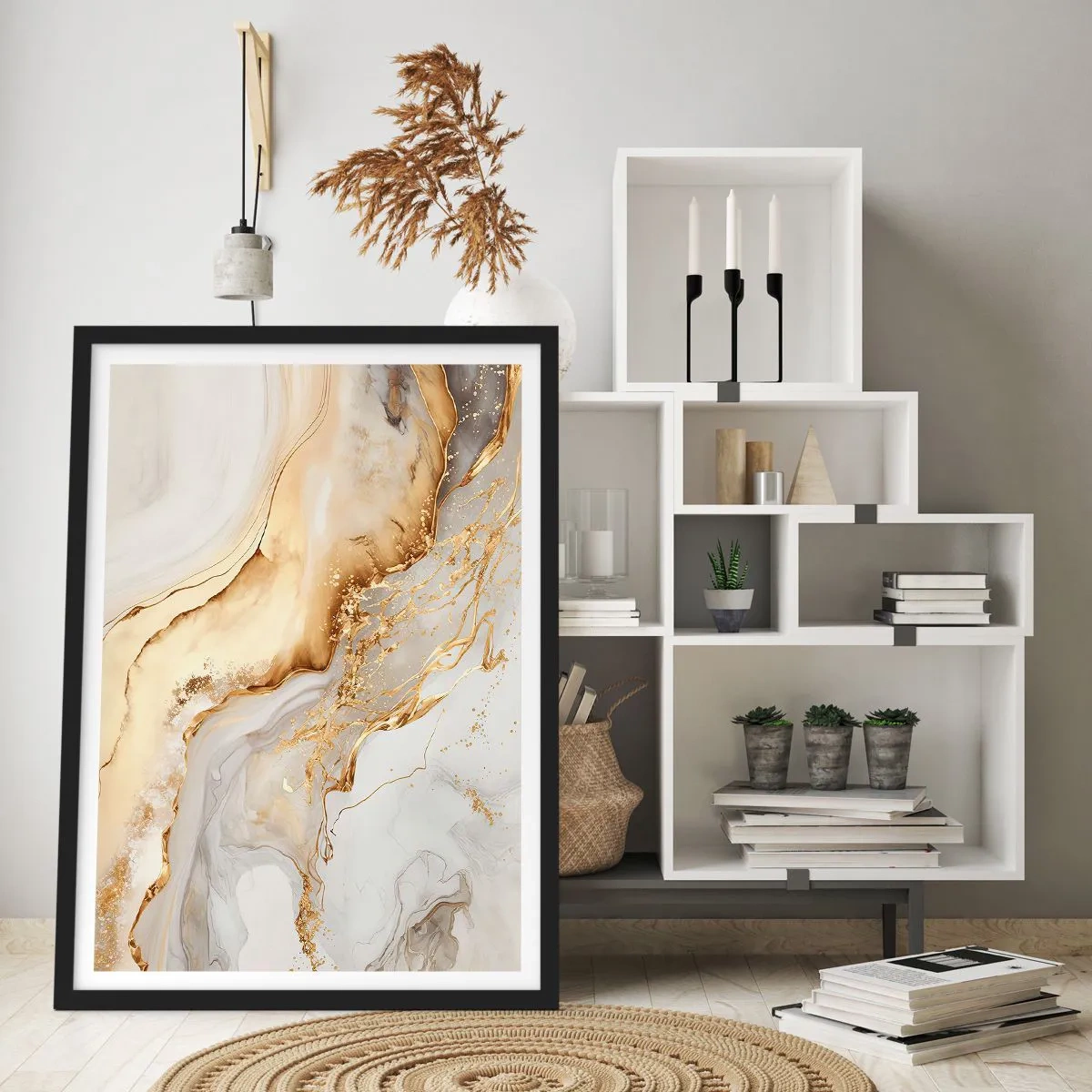 Affiche dans un cadre noir - Poster - Composition abstraite en marbre doré et blanc - 50x70cm - Abstraction : beauté et bonté - Décoration murale moderne pour le salon et la chambre ARTTOR
