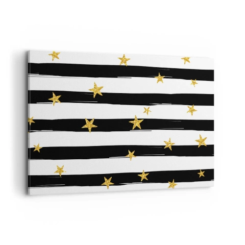 Impression sur toile - Image sur toile - Rayures noires et blanches avec étoiles dorées - 100x70cm - Nous sommes tous nés sous une bonne étoile - Décoration murale moderne pour le salon et la chambre ARTTOR