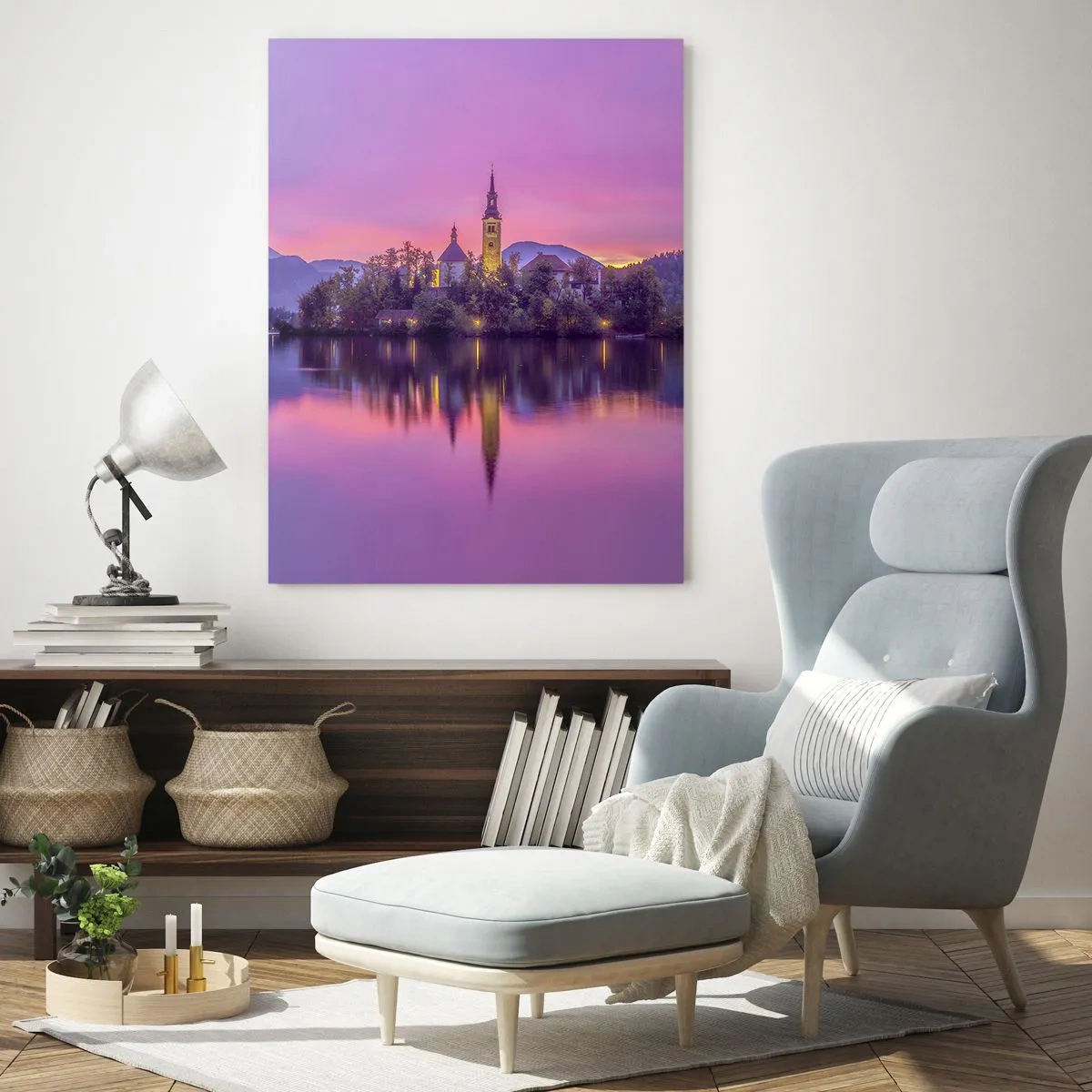 Impression sur verre - Image sur verre - Lac avec une île et une église au coucher du soleil - 70x100cm - Une île de conte de fées au crépuscule - Décoration murale moderne pour le salon et la chambre ARTTOR