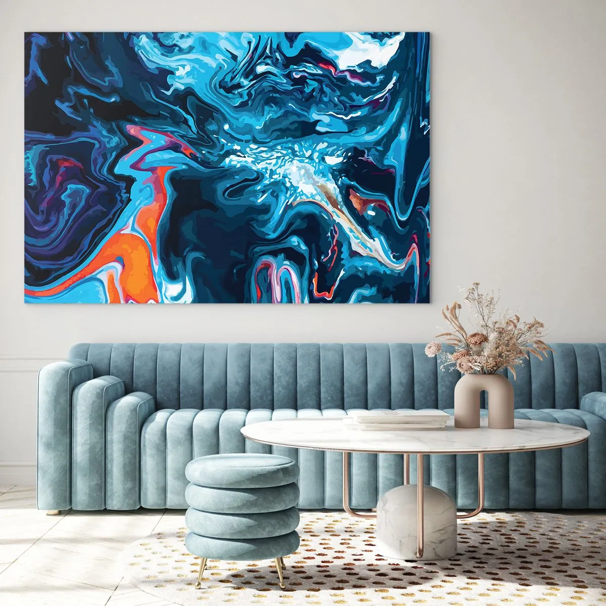 Impression sur verre - Image sur verre - Un motif abstrait dans des tons de bleu avec des accents de rouge et de blanc. - 120x80cm - Voyage au centre du ciel - Décoration murale moderne pour le salon et la chambre ARTTOR