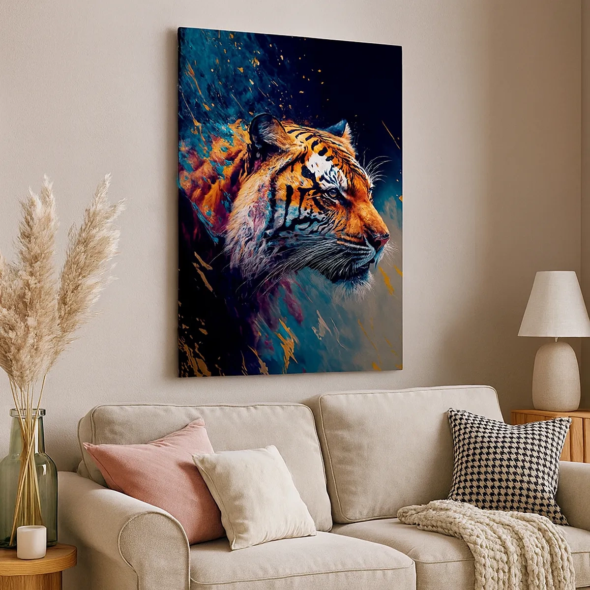 Impression sur toile - Image sur toile - Portrait d'un tigre aux couleurs dynamiques et abstraites - 50x70cm - Beauté sauvage - Décoration murale moderne pour le salon et la chambre ARTTOR