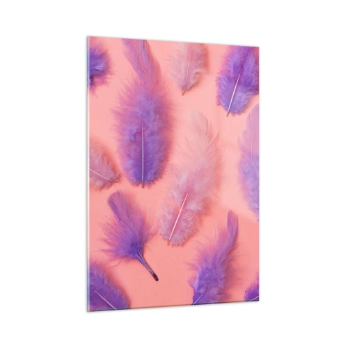 Impression sur verre - Image sur verre - Plumes violettes sur fond rose dans une composition délicate - 50x70cm - Oiseau de désir lilas - Décoration murale moderne pour le salon et la chambre ARTTOR