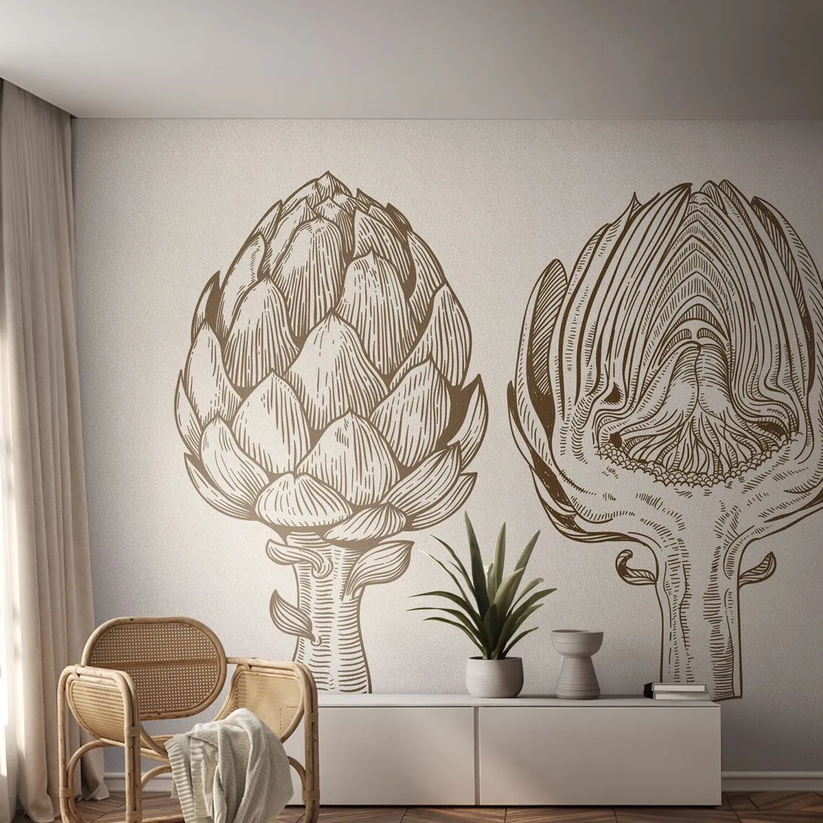 Papier Peint Photo Premium Sand - Un artichaut de dessin animé en coupe transversale et entier sur un fond clair - 100x70cm - Leçon d’anatomie - Décoration murale moderne pour le salon et la chambre ARTTOR