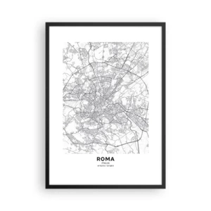 Affiche dans un cadre noir - Poster - Carte de Rome en noir et blanc avec rues et monuments détaillés - 50x70cm - Cercle romain - Décoration murale moderne pour le salon et la chambre ARTTOR