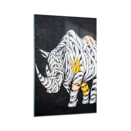 Impression sur verre - Image sur verre - Un rhinocéros sculpté avec des rayures abstraites sur un fond sombre. - 70x100cm - La peau épaisse est un mythe - Décoration murale moderne pour le salon et la chambre ARTTOR