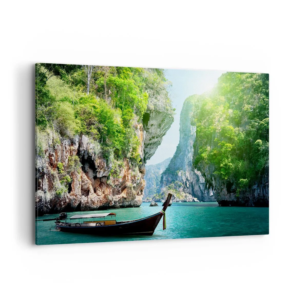 Impression sur toile - Image sur toile - Un bateau traditionnel sur fond de falaises tropicales et d'eaux turquoises - 100x70cm - Une invitation à un voyage exotique - Décoration murale moderne pour le salon et la chambre ARTTOR