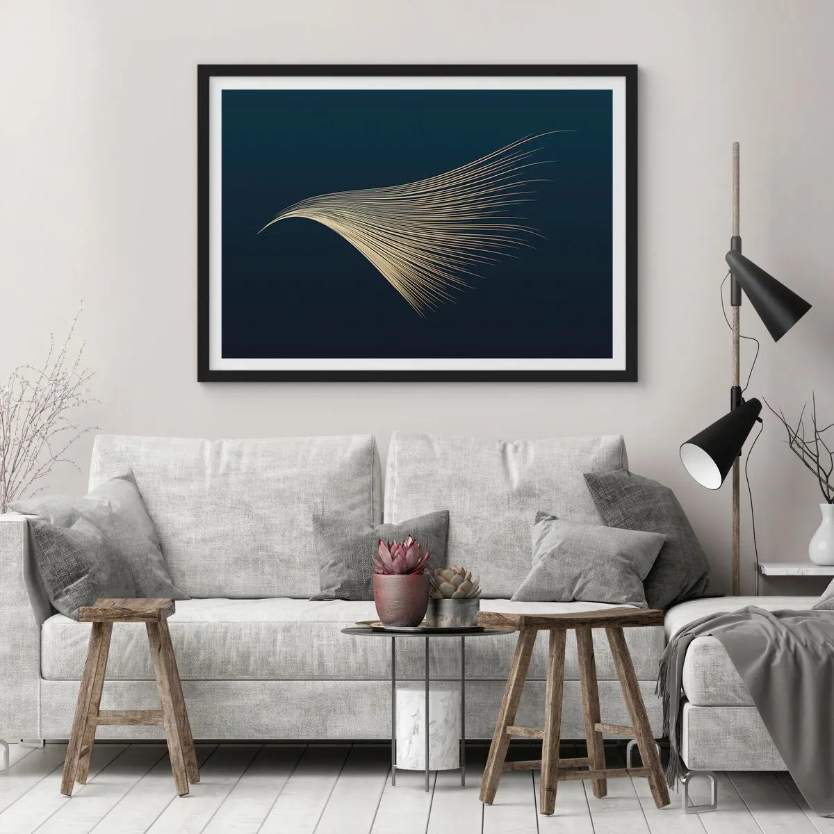 Affiche dans un cadre noir - Poster - Une ligne délicate en forme de plume sur un fond bleu marine - 70x50cm - Comme les cheveux d'un ange - Décoration murale moderne pour le salon et la chambre ARTTOR