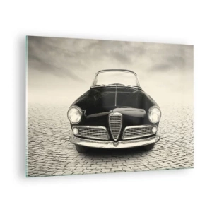 Impression sur verre - Image sur verre - Voiture classique sur une route pavée en noir et blanc - 70x50cm - Et alors! Tu ne m'aime pas? - Décoration murale moderne pour le salon et la chambre ARTTOR