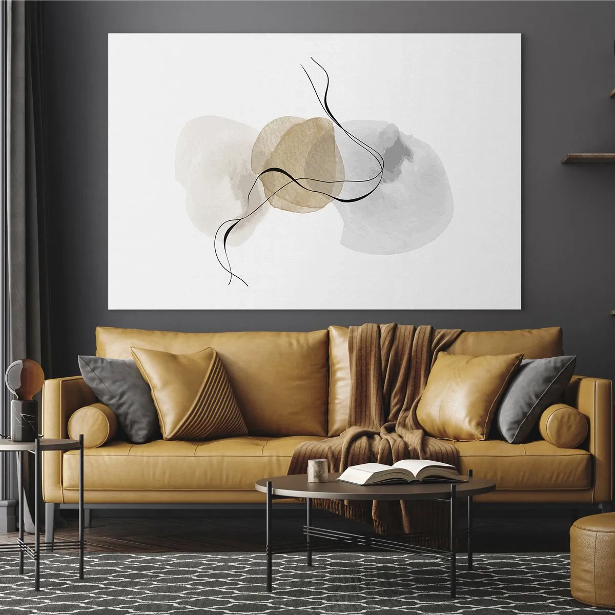 Impression sur verre - Image sur verre - Une abstraction subtile avec des taches pastel et des lignes noires. - 70x50cm - Perles d'air - Décoration murale moderne pour le salon et la chambre ARTTOR
