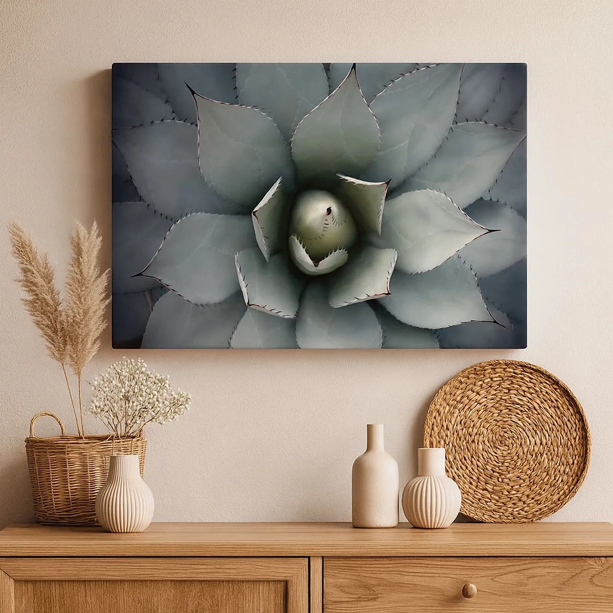 Impression sur toile - Image sur toile - Gros plan d'une rosette d'agave aux délicates nuances de vert - 70x50cm - Wabi et observe - Décoration murale moderne pour le salon et la chambre ARTTOR
