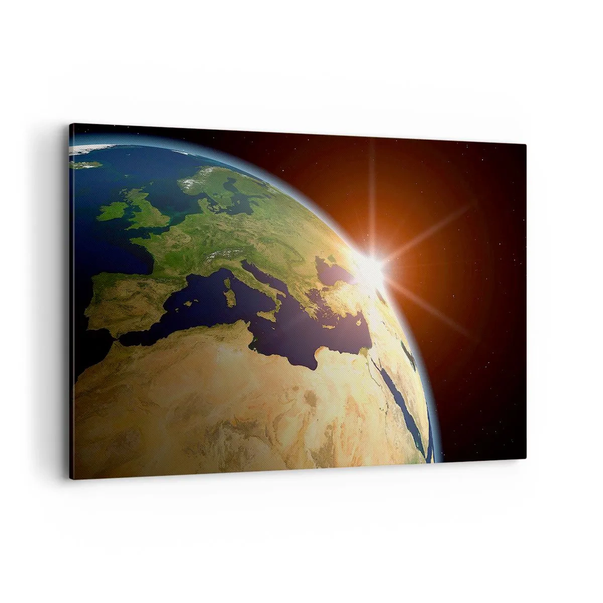Impression sur toile - Image sur toile - Vue de la Terre depuis l'espace avec les rayons du soleil à l'horizon - 120x80cm - Lever de soleil - Décoration murale moderne pour le salon et la chambre ARTTOR