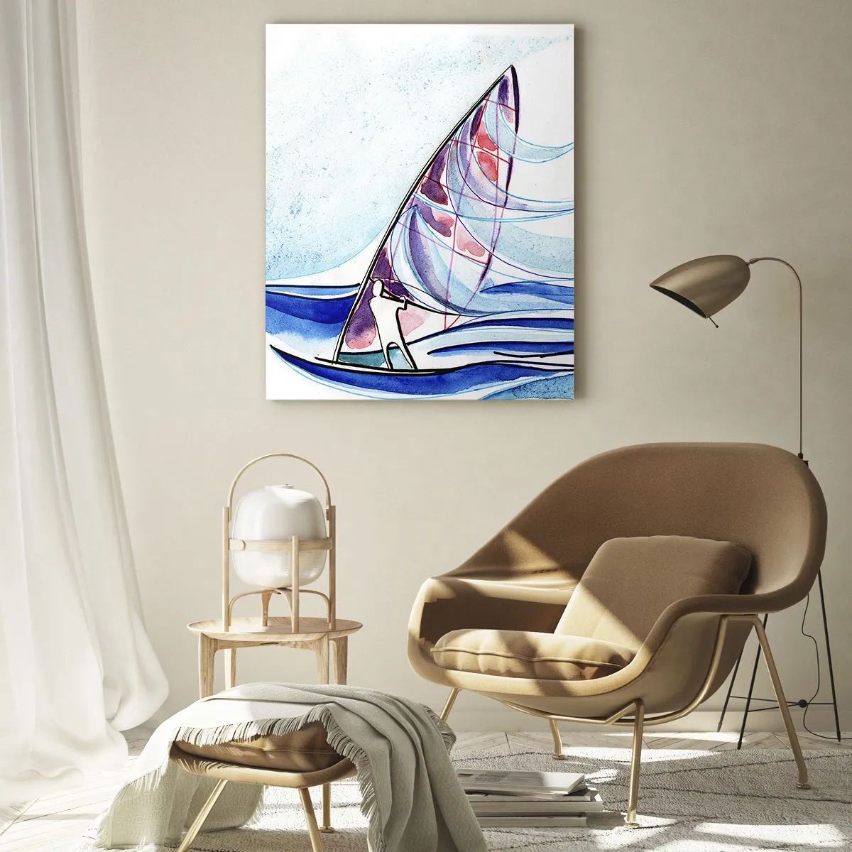 Impression sur verre - Image sur verre - Un surfeur chevauchant les vagues dans une composition abstraite à l'aquarelle - 70x100cm - Avec le vent au rythme des vagues - Décoration murale moderne pour le salon et la chambre ARTTOR