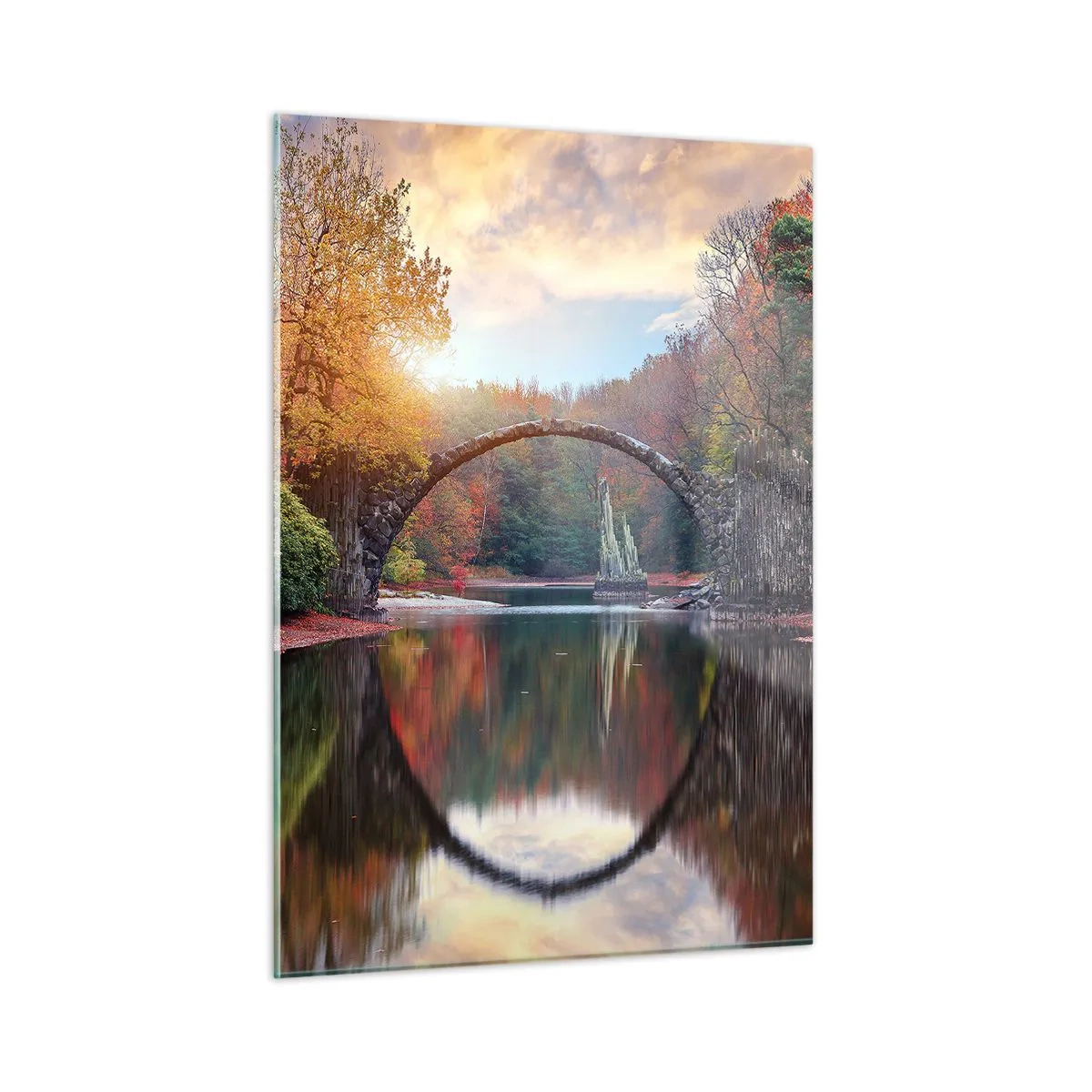Impression sur verre - Image sur verre - Un pont de pierre se reflétant dans un lac au milieu d'une forêt d'automne - 50x70cm - De l'autre cote du miroir - Décoration murale moderne pour le salon et la chambre ARTTOR