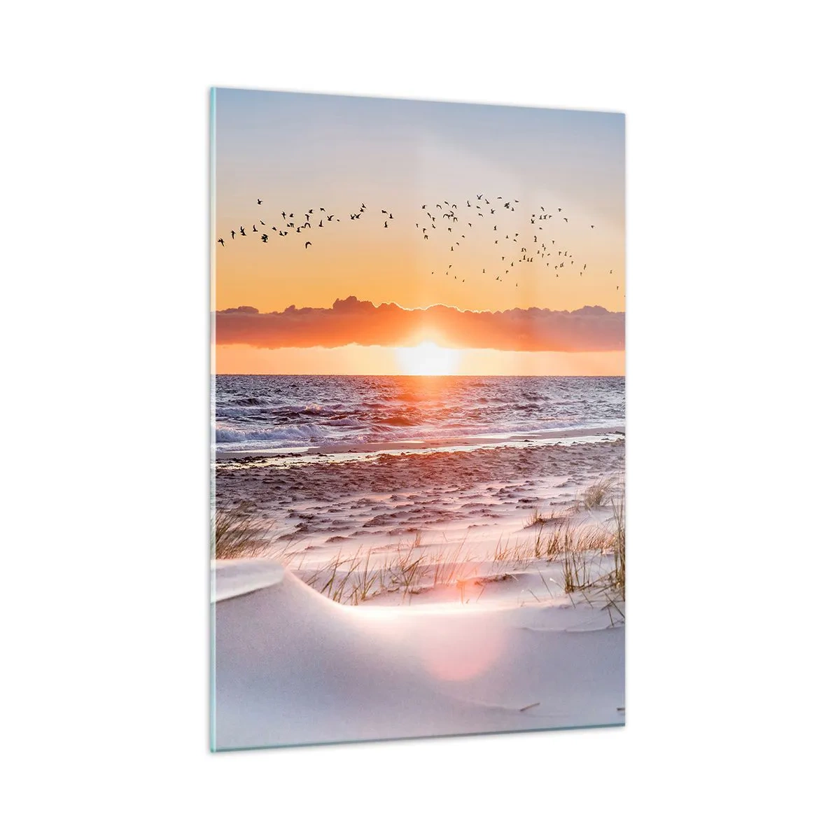 Impression sur verre - Image sur verre - Coucher de soleil sur la mer avec des oiseaux et des dunes de sable - 50x70cm - Paysage horizontal - Décoration murale moderne pour le salon et la chambre ARTTOR