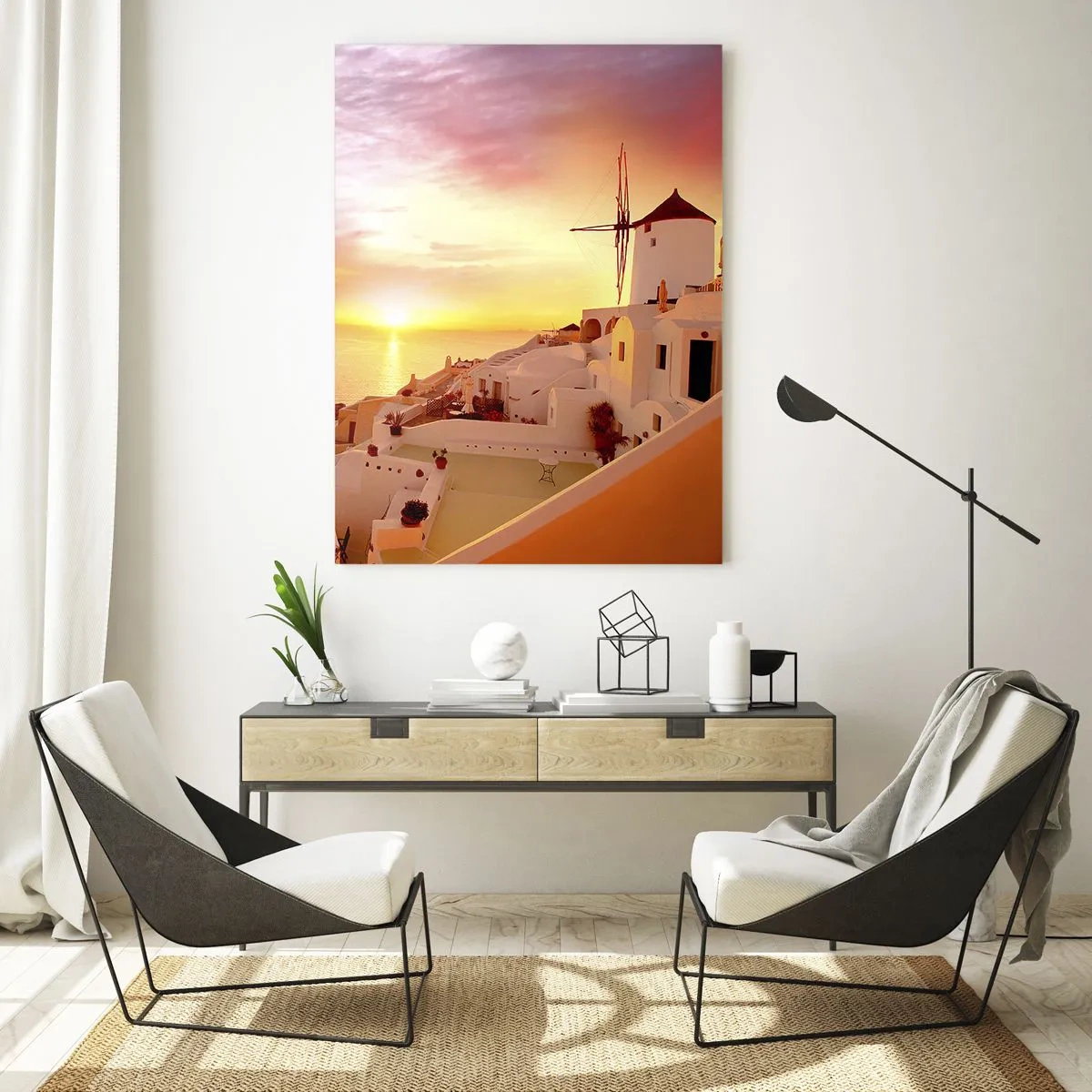Impression sur verre - Image sur verre - Coucher de soleil sur Santorin avec des bâtiments blancs et un moulin à vent - 50x70cm - Fondre en blanc et or - Décoration murale moderne pour le salon et la chambre ARTTOR
