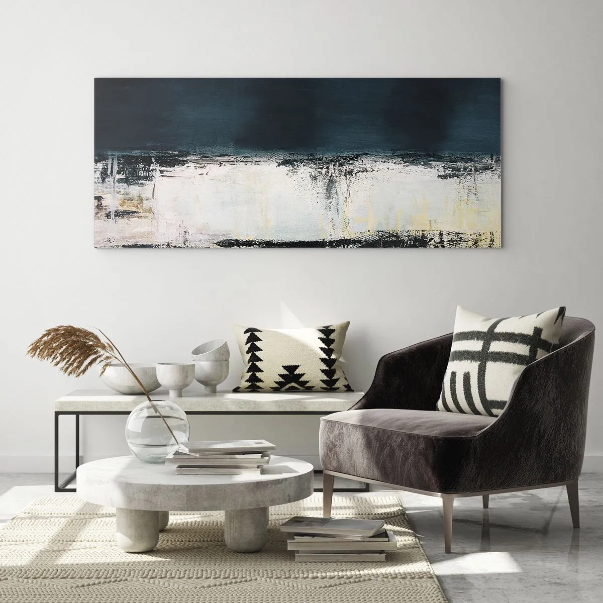 Impression sur verre - Image sur verre - Composition horizontale abstraite dans les tons bleu marine et blanc - 140x50cm - Composition horizontale - Décoration murale moderne pour le salon et la chambre ARTTOR