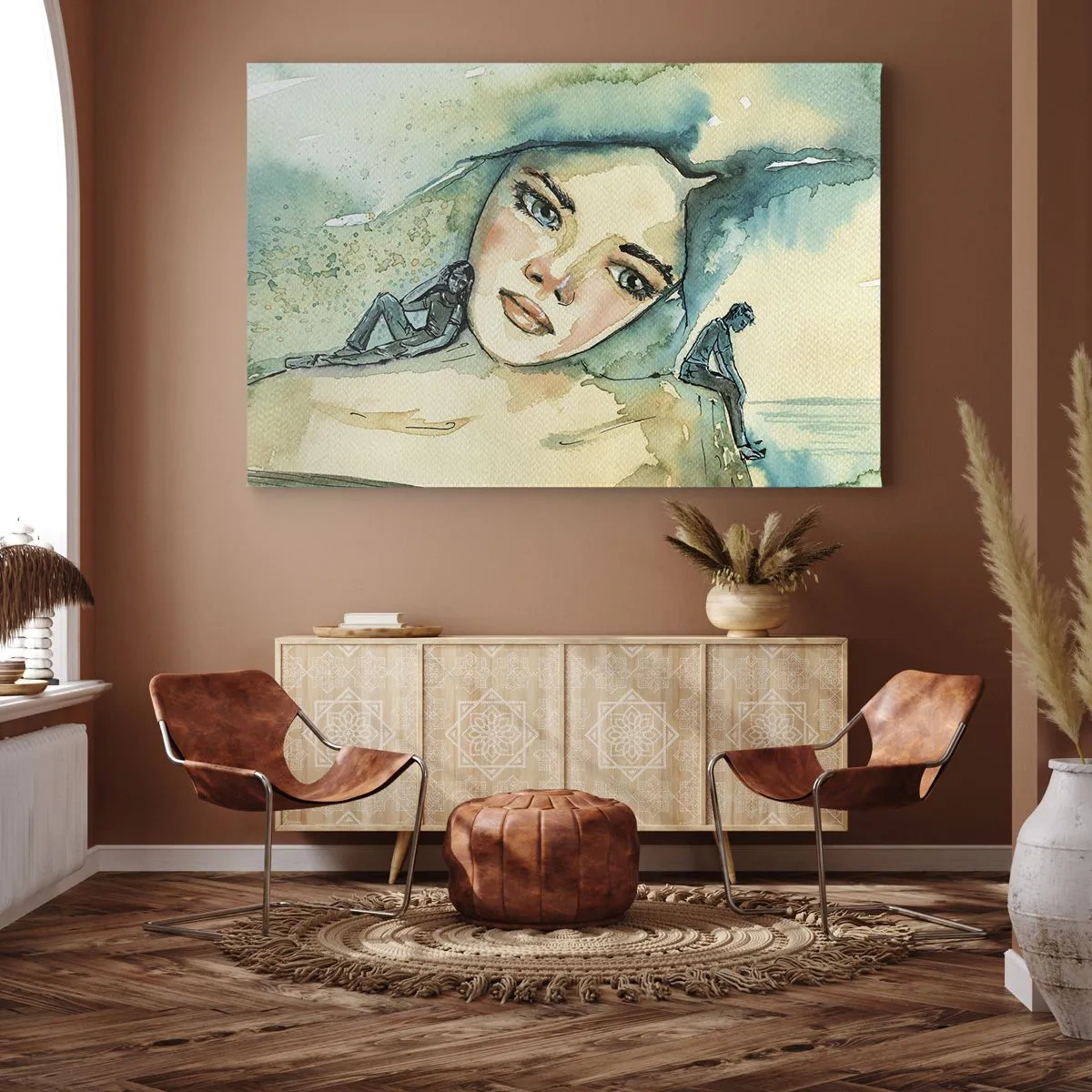 Impression sur toile - Image sur toile - Aquarelle d'un visage de femme avec un motif réfléchissant - 100x70cm - Suis-je bleu? - Décoration murale moderne pour le salon et la chambre ARTTOR