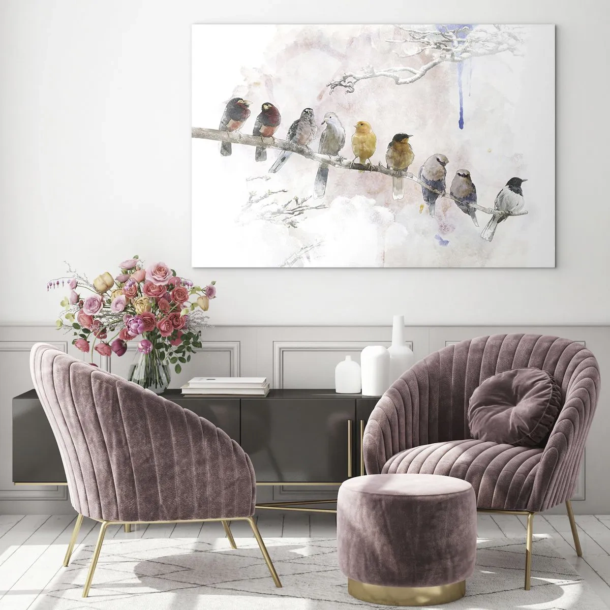 Impression sur verre - Image sur verre - Oiseaux colorés sur une branche dans un style pictural - 70x50cm - Rencontre ailée - Décoration murale moderne pour le salon et la chambre ARTTOR