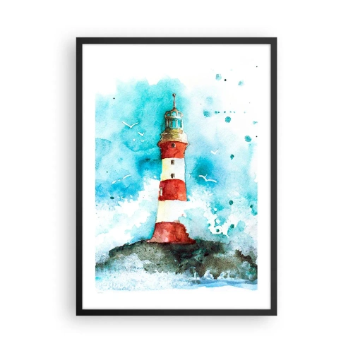 Affiche dans un cadre noir - Poster - Phare de style aquarelle avec des vagues de la mer - 50x70cm - Unité des éléments - Décoration murale moderne pour le salon et la chambre ARTTOR