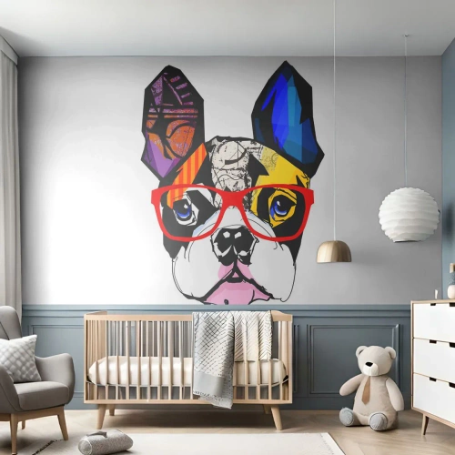 Papier Peint Photo Premium Sand - Portrait coloré d'un chien portant des lunettes rouges sur fond blanc - 100x70cm - Intellectuel - Décoration murale moderne pour le salon et la chambre ARTTOR