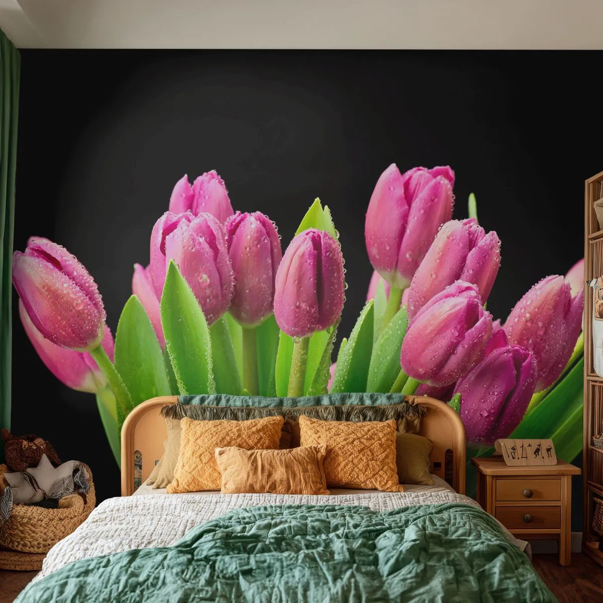 Papier Peint Photo Premium Sand - Un bouquet de tulipes roses avec des gouttes d'eau sur fond noir - 100x70cm - Joie printanière des lilas - Décoration murale moderne pour le salon et la chambre ARTTOR