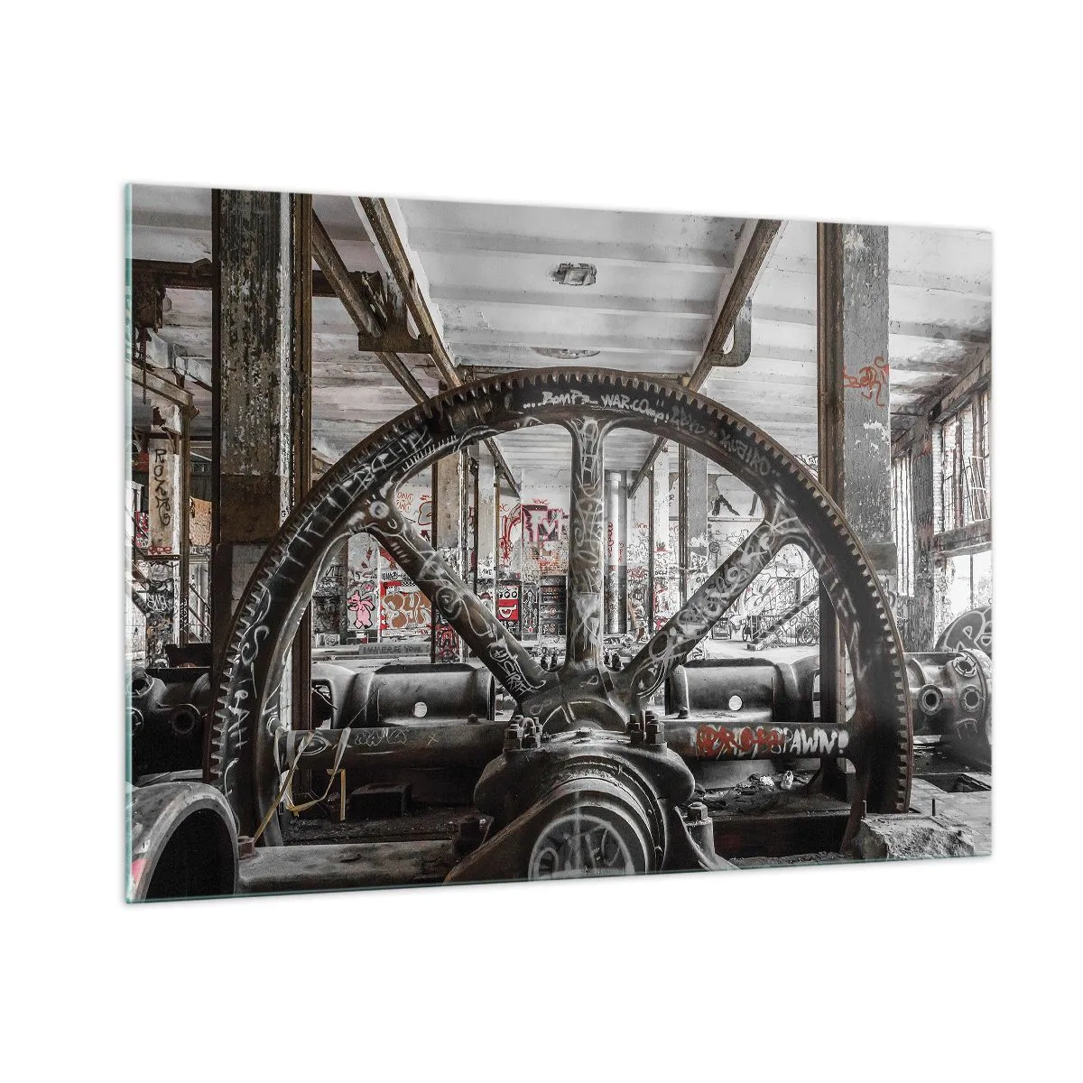 Impression sur verre - Image sur verre - Intérieur industriel historique avec une roue dentée - 100x70cm - Vie secrète d'une usine - Décoration murale moderne pour le salon et la chambre ARTTOR