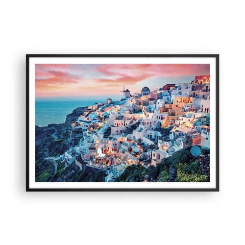 Affiche dans un cadre noir - Poster - Santorin au coucher du soleil avec des bâtiments blancs sur la colline - 100x70cm - Vos grandes vacances en Grèce - Décoration murale moderne pour le salon et la chambre ARTTOR