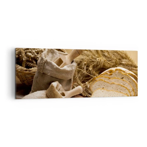 Impression sur toile - Image sur toile - Un paysage avec du pain, de la farine et des épis de blé dans un style rustique. - 140x50cm - Comment il coupe avec un couteau - Décoration murale moderne pour le salon et la chambre ARTTOR