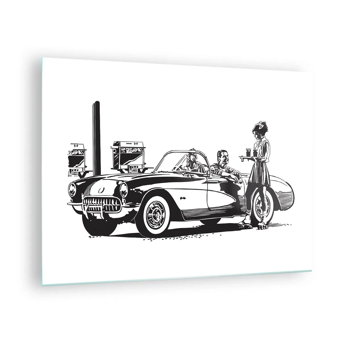 Impression sur verre - Image sur verre - Graphiques créatifs avec une voiture classique et des personnages - 70x50cm - 60's - Amérique insouciante - Décoration murale moderne pour le salon et la chambre ARTTOR