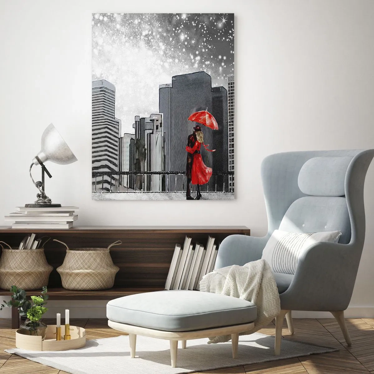 Impression sur verre - Image sur verre - Un couple en rouge avec un parapluie sur fond de paysage urbain - 80x120cm - L'homme n'est pas une pierre - Décoration murale moderne pour le salon et la chambre ARTTOR