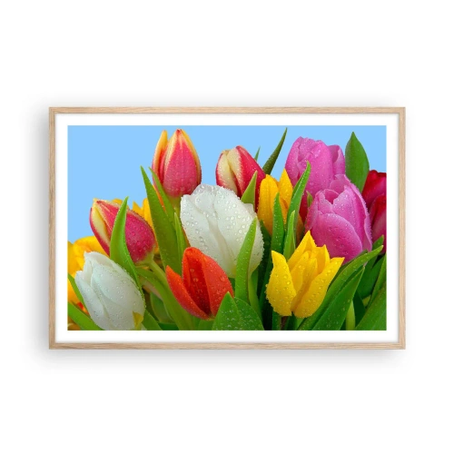 Affiche dans un chêne clair - Poster - Un arc-en-ciel fleuri en gouttes de rosée - 91x61 cm