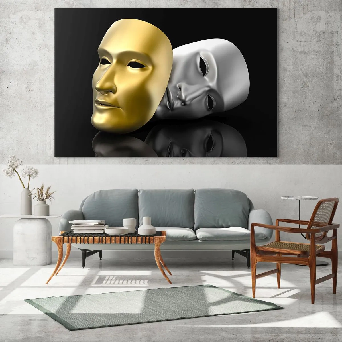 Impression sur verre - Image sur verre - Masque d'or et d'argent sur fond noir - 70x50cm - La vie est un théâtre - Décoration murale moderne pour le salon et la chambre ARTTOR