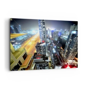 Impression sur toile - Image sur toile - Panorama de la ville nocturne avec des gratte-ciel illuminés - 120x80cm - Un miracle dans le désert - Décoration murale moderne pour le salon et la chambre ARTTOR
