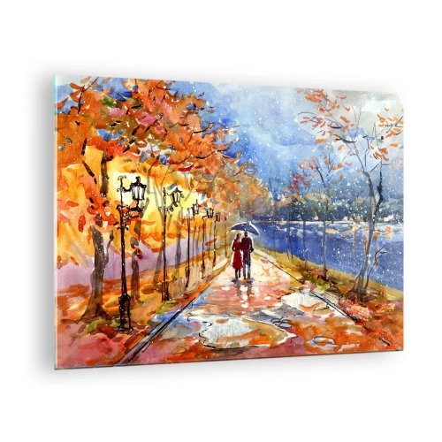Impression sur verre - Image sur verre - Une promenade d'automne le long de l'avenue avec des feuilles colorées et des lanternes - 70x50cm - Ensemble jusqu'au bout du temps - Décoration murale moderne pour le salon et la chambre ARTTOR