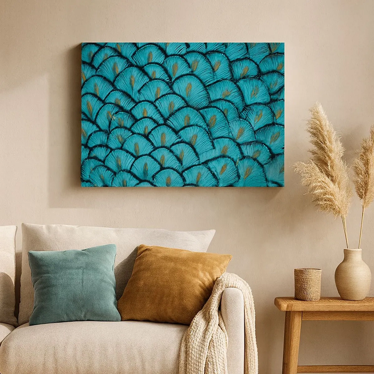 Impression sur toile - Image sur toile - Un motif ressemblant à des écailles turquoise avec des accents dorés - 70x50cm - Le grand gala des plumes - Décoration murale moderne pour le salon et la chambre ARTTOR