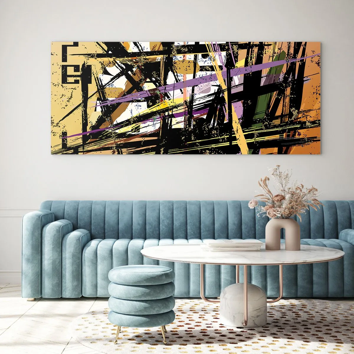 Impression sur verre - Image sur verre - Lignes et formes abstraites sur fond beige - 160x50cm - Une coupe nette - Décoration murale moderne pour le salon et la chambre ARTTOR