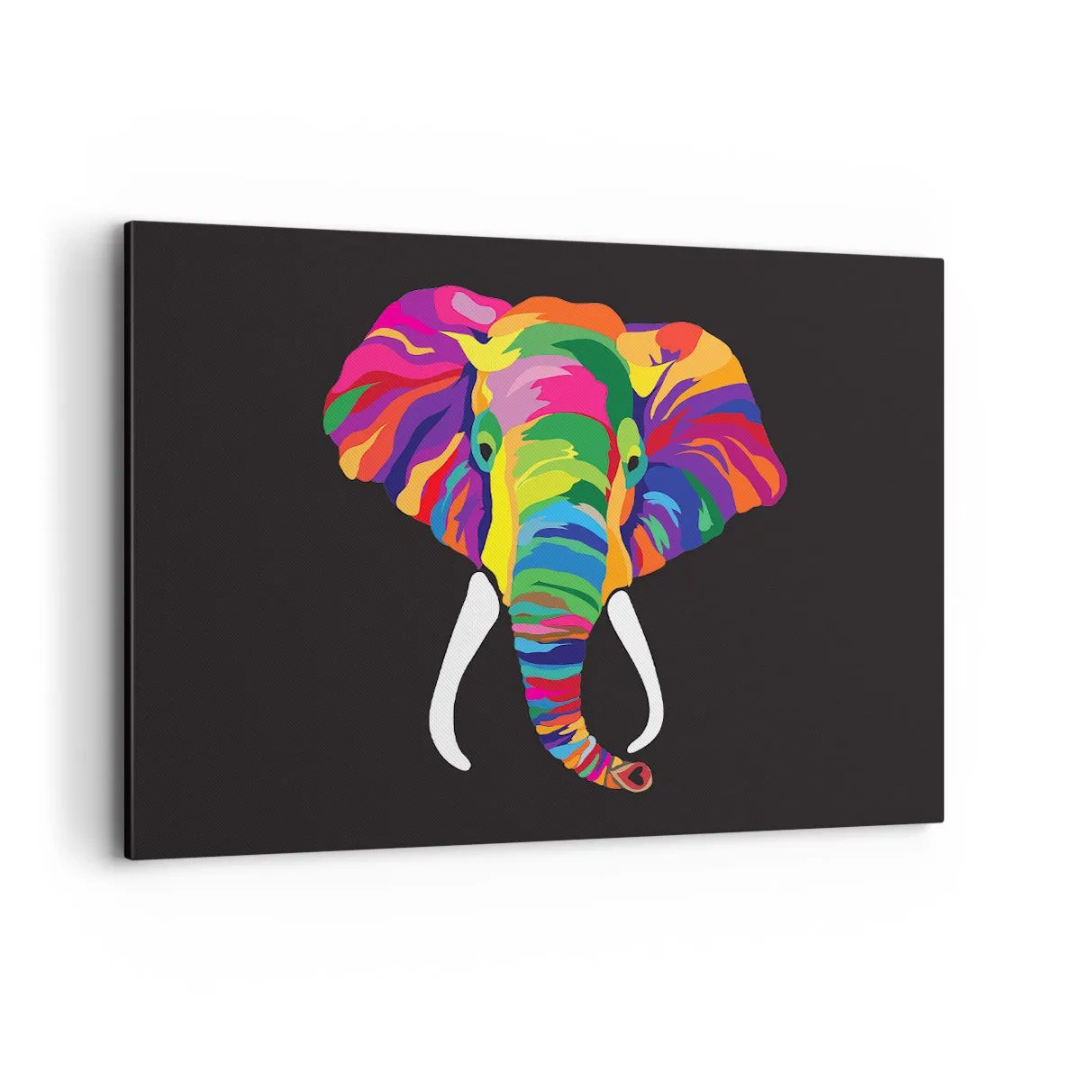 Impression sur toile - Image sur toile - Une image colorée d'un éléphant sur fond noir - 120x80cm - L'éléphant qui aimait se baigner dans un arc-en-ciel - Décoration murale moderne pour le salon et la chambre ARTTOR