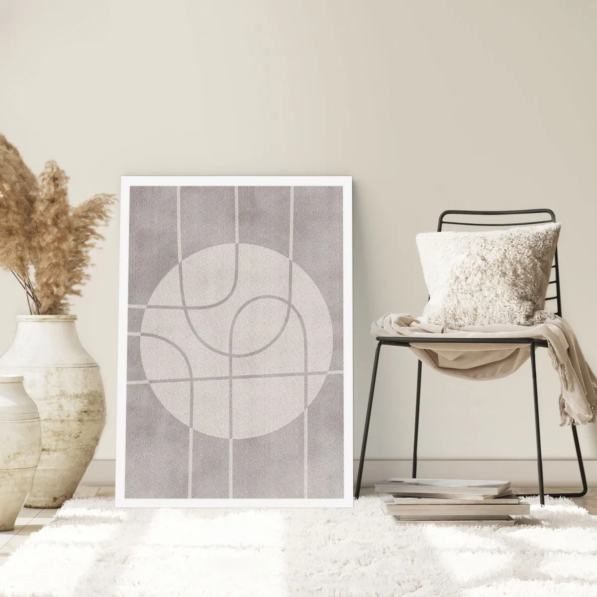 Affiche - Poster - Des lignes géométriques et un cercle dans des tons de gris - 50x70cm - Circulaire et tout droit - Décoration murale moderne pour le salon et la chambre ARTTOR