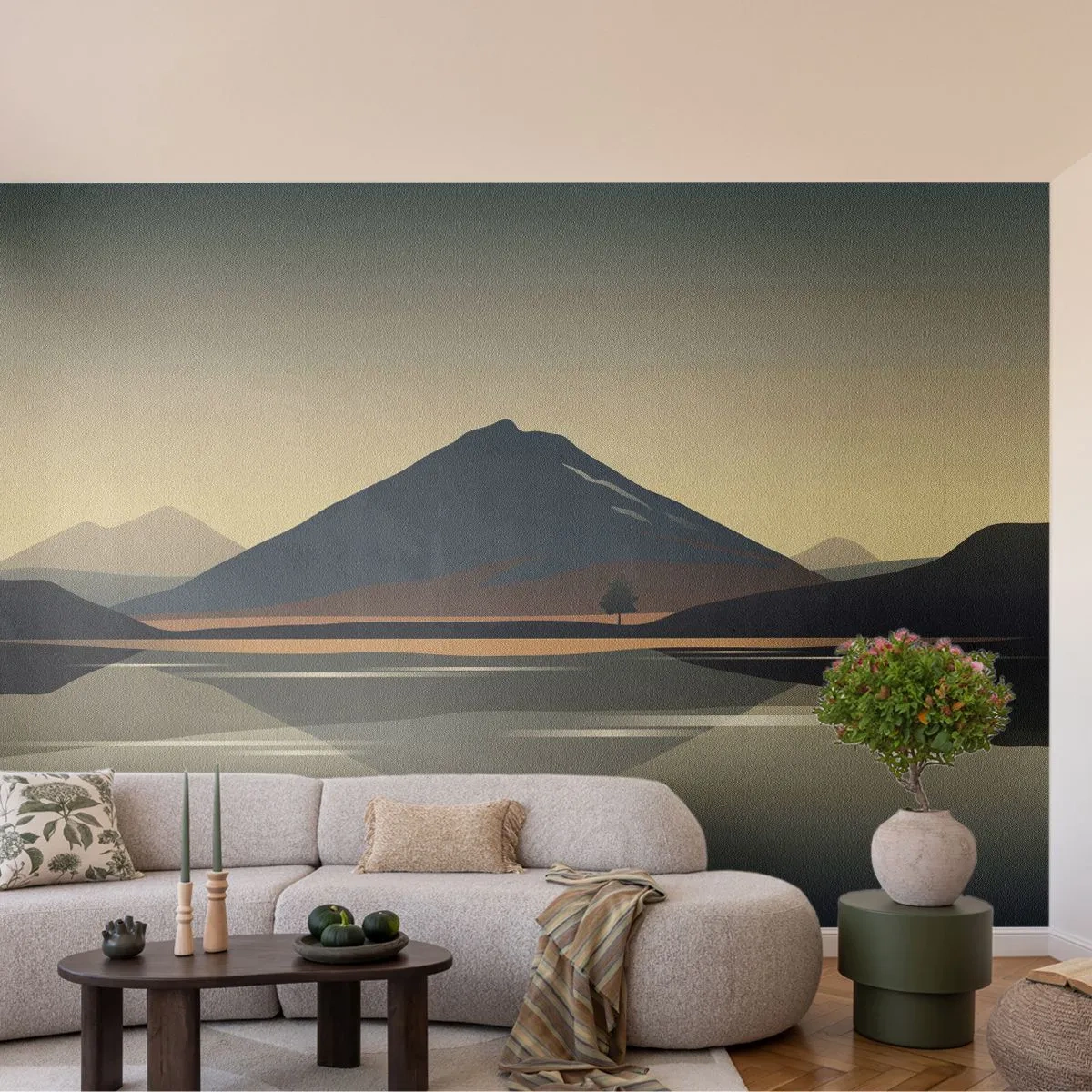 Papier Peint Photo Premium Sand - Paysage de montagne minimaliste avec reflet dans l'eau - 100x70cm - Reflet de miroir - Décoration murale moderne pour le salon et la chambre ARTTOR