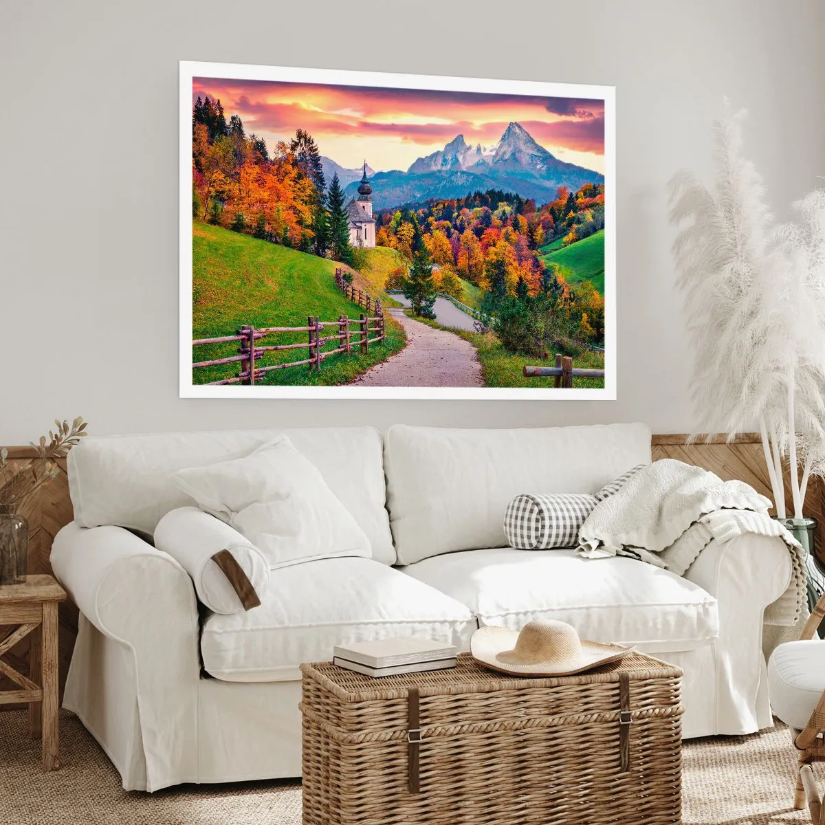 Affiche - Poster - Paysage de montagne d'automne avec une chapelle et un coucher de soleil - 100x70cm - Paysage comme peind - Décoration murale moderne pour le salon et la chambre ARTTOR