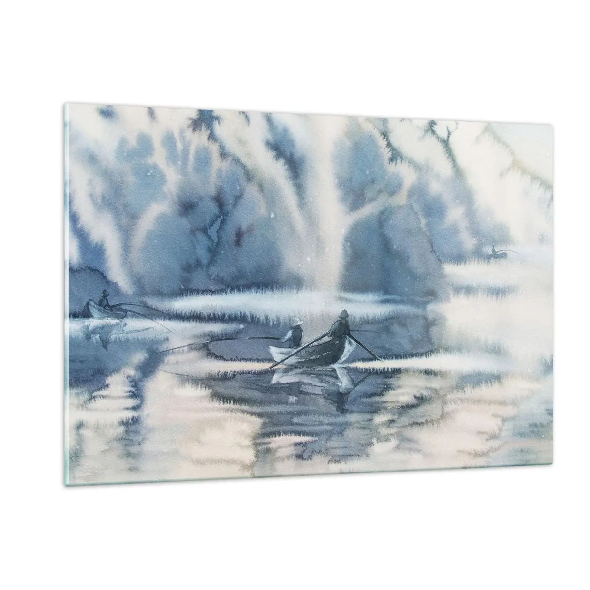 Impression sur verre - Image sur verre - Deux pêcheurs sur un bateau entourés d'un paysage brumeux - 120x80cm - Les pêcheurs dans leur paradis - Décoration murale moderne pour le salon et la chambre ARTTOR