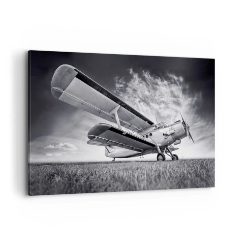 Impression sur toile - Image sur toile - Un avion contre un ciel dramatique en noir et blanc - 120x80cm - Le pèlerin ailé - Décoration murale moderne pour le salon et la chambre ARTTOR