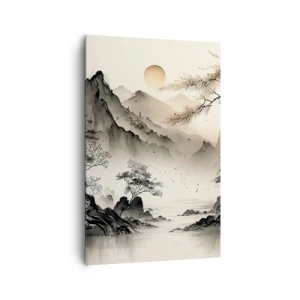 Impression sur toile - Image sur toile - Un paysage oriental avec des montagnes et une pagode aux nuances délicates. - 80x120cm - Le charme unique de l'Orient - Décoration murale moderne pour le salon et la chambre ARTTOR