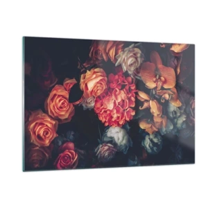 Impression sur verre - Image sur verre - Composition florale sombre avec des roses et des orchidées - 120x80cm - Comme chez les maîtres hollandais - Décoration murale moderne pour le salon et la chambre ARTTOR