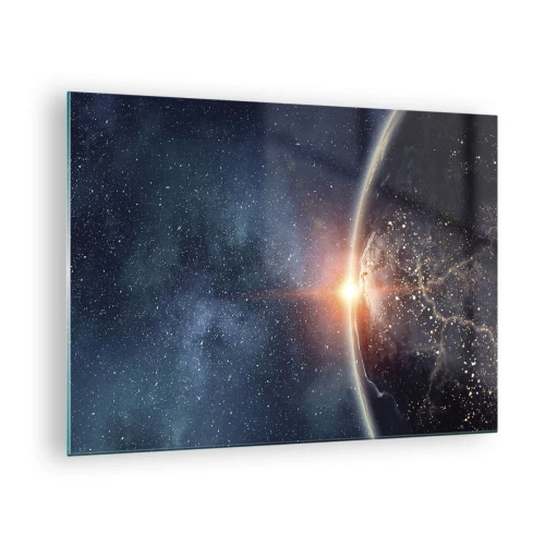 Impression sur verre - Image sur verre - La Terre illuminée par les rayons du soleil dans l'espace - 70x50cm - Dans une nouvelle perspective - Décoration murale moderne pour le salon et la chambre ARTTOR