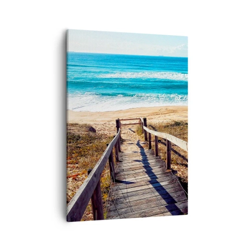 Impression sur toile - Image sur toile - Chemin en bois menant à la plage - 50x70cm - Cours! - Décoration murale moderne pour le salon et la chambre ARTTOR