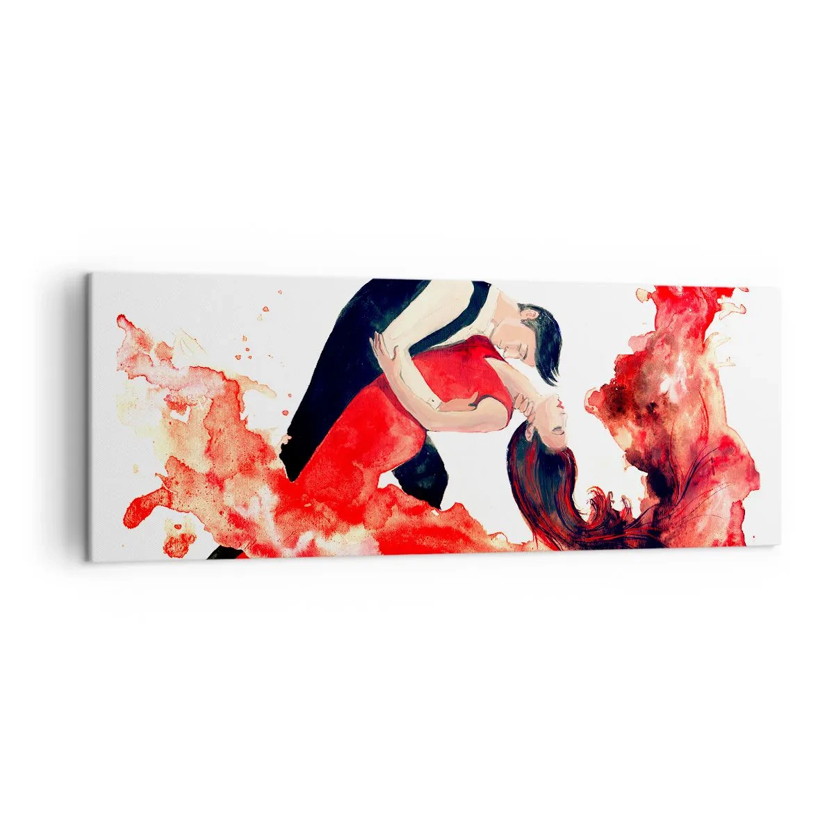 Impression sur toile - Image sur toile - Une aquarelle dynamique d'un couple dansant aux couleurs rouges. - 140x50cm - Tango - une vague sensuelle - Décoration murale moderne pour le salon et la chambre ARTTOR